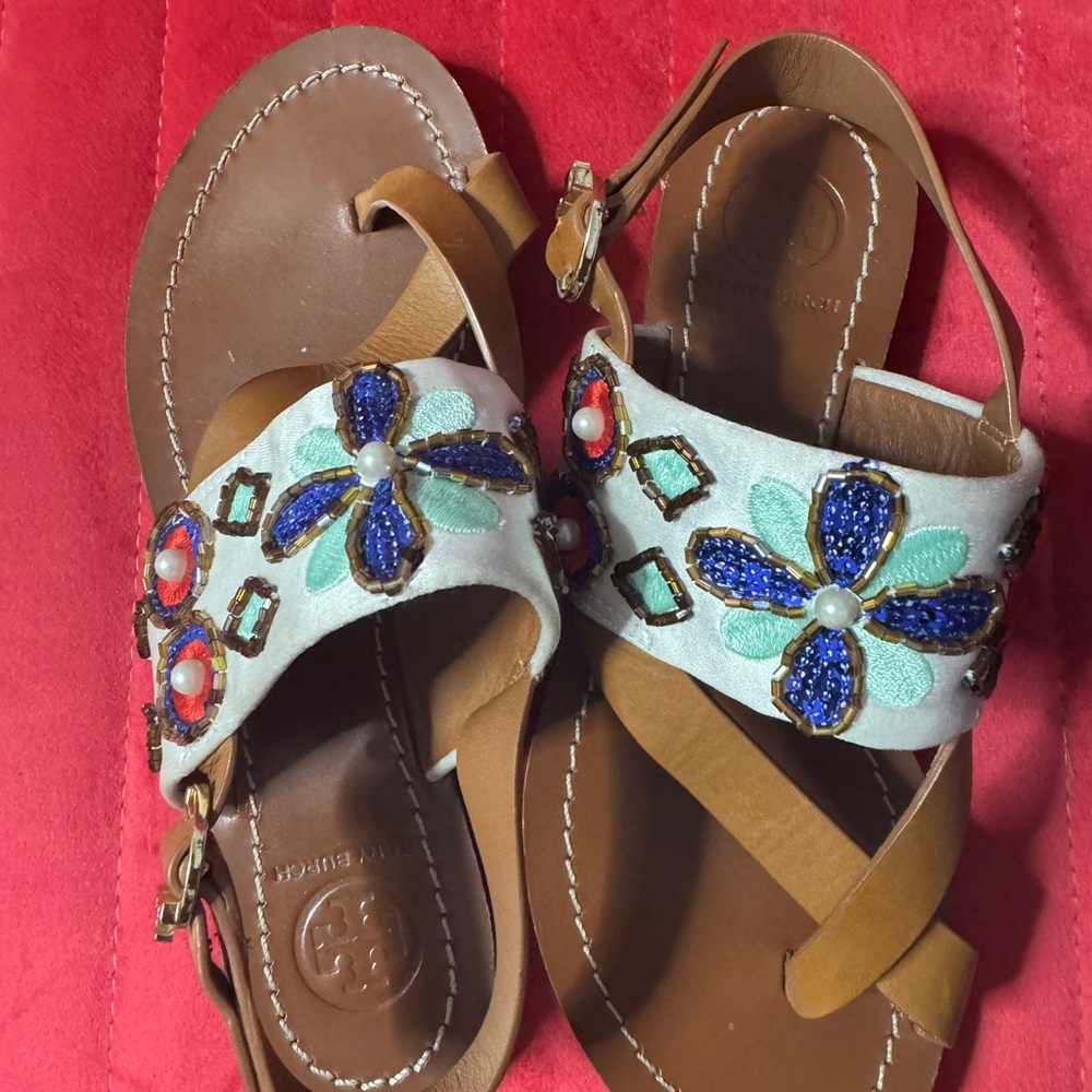 Tory Burch Brown and Blue Embellished Sandals